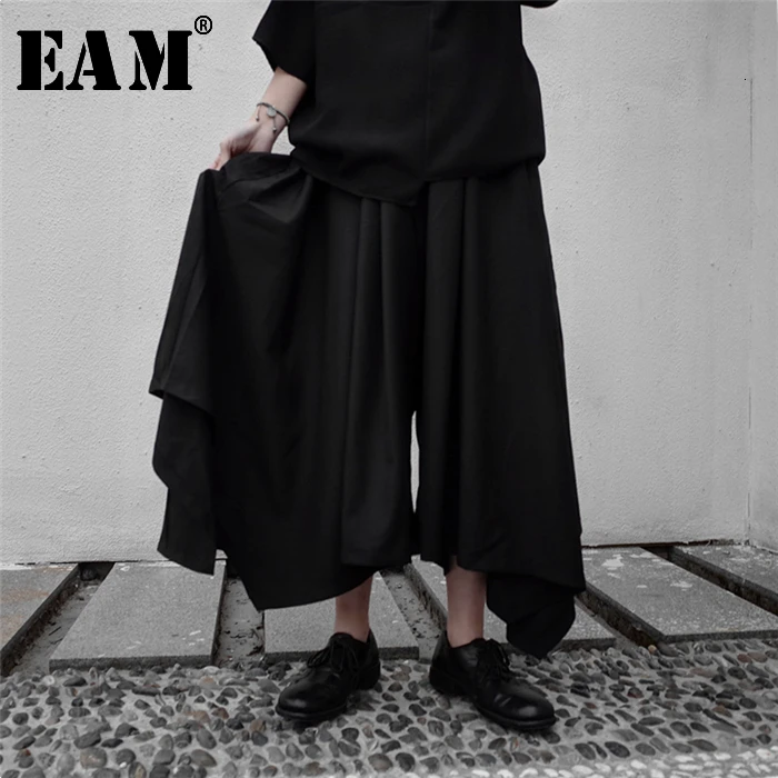 

[EAM] 2020 Spring New Fashion Solid Color Elastic Waist Irregular Hem Loose Women Wide Leg Ankle-length Pants YC04201