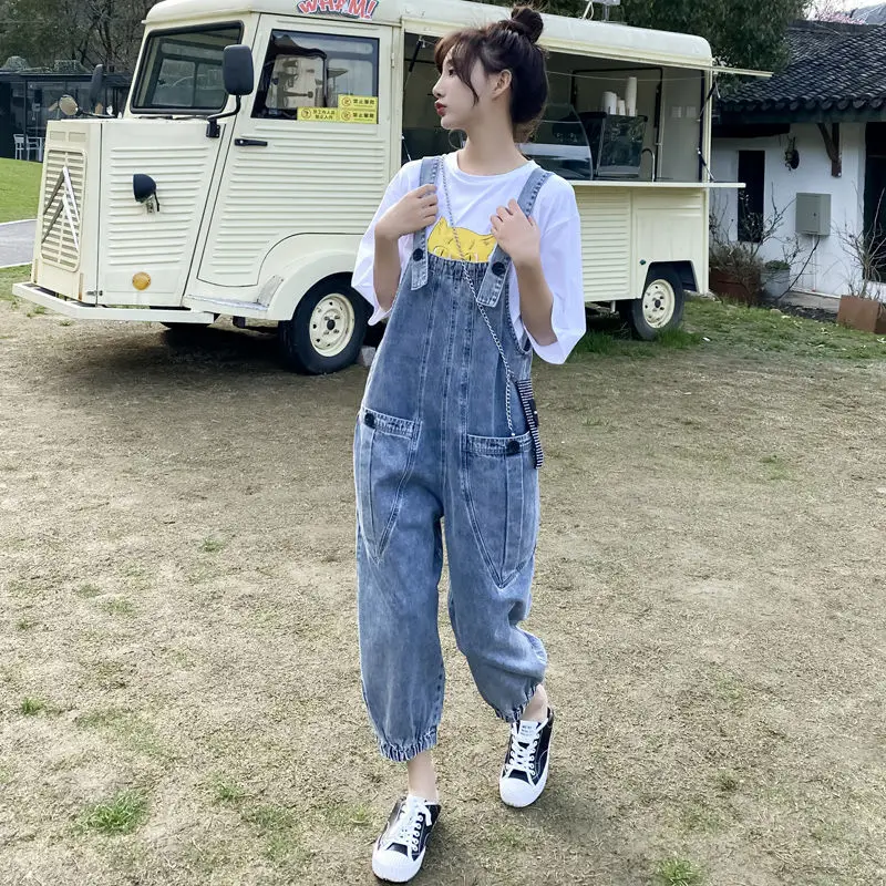 2021 New Denim Overalls Women's Spring and Autumn Korean Version of Loose Casual Waistband Nine-point Wide-leg Pants