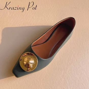 

Krazing pot new fashion full grain leather slip on flats square toe shoes women metal decoration comfortable spring shoes L58