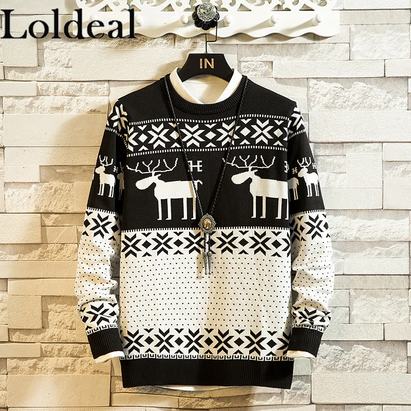 

Loldeal Men Causal O Neck Sweater Deer Printed Autumn Winter Christmas Pullover Knitted Jumper Sweaters