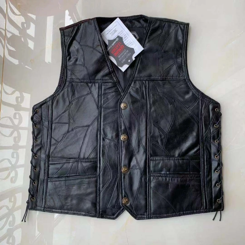 Motorcycle Vest Men's Stitching Sheepskin Leather Waistcoat V-Neck Street Style Cool Motorcycle Jacket Motocross Equipment