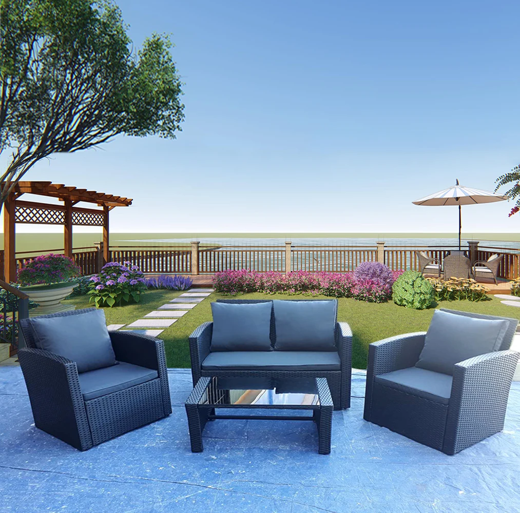 Panana Outdoor Furnitures 4 Piece Rattan Garden furniture Table Chairs Sofa Set US stock Panana Outdoor Furnitures 4 Piece Rattan Garden furniture Table Chairs Sofa Set US stock