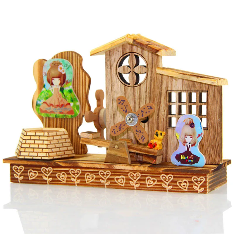 

New Style Creative Students Gift Retro Music Windmill Music Box Wood Crafts Ornament Home Ornament Wholesale