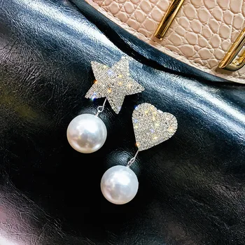 

USTAR Pearl Star Heart Drop Earrings for Women Shiny Rhinestone Asymmetric Dangle Earrings Statement Fashion Party Jewelry Gifts