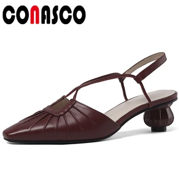 

CONASCO Fashion Concise Casual Women Genuine Leather Sandals Pumps 2020 Summer New Cross-Tied Strange Heels Shallow Shoes Woman