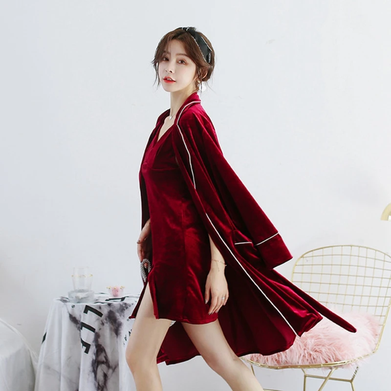 

Sexy Velour Women Kimono Robe Gown Sleepwear Autumn And Wnter 2pcs Velvet Nighty&robe Set Elegant Solid Nightgown Homewear