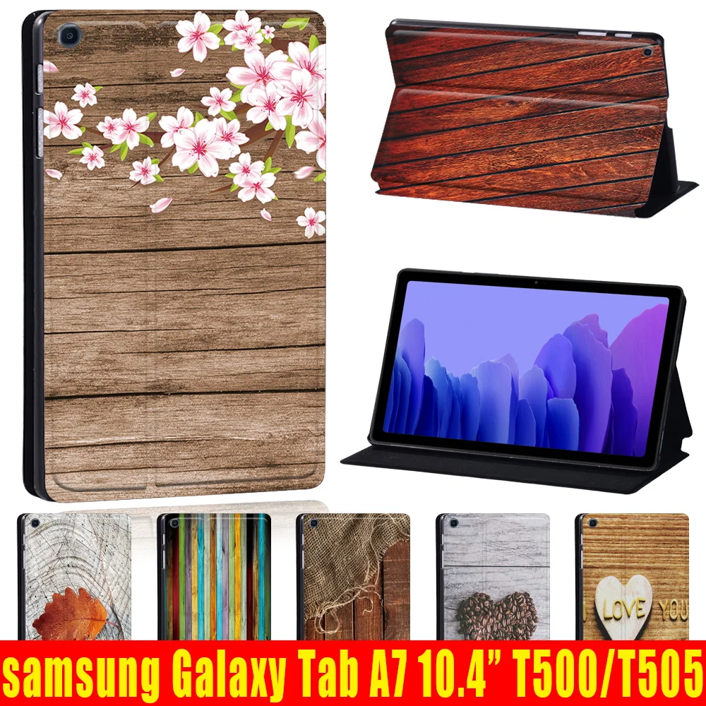 

Case for Samsung Galaxy Tab A7 10.4 Inch 2020 T500/T505 Printed Wood PU Leather Tablet Protector Stand Folio Cover+Free Stylus