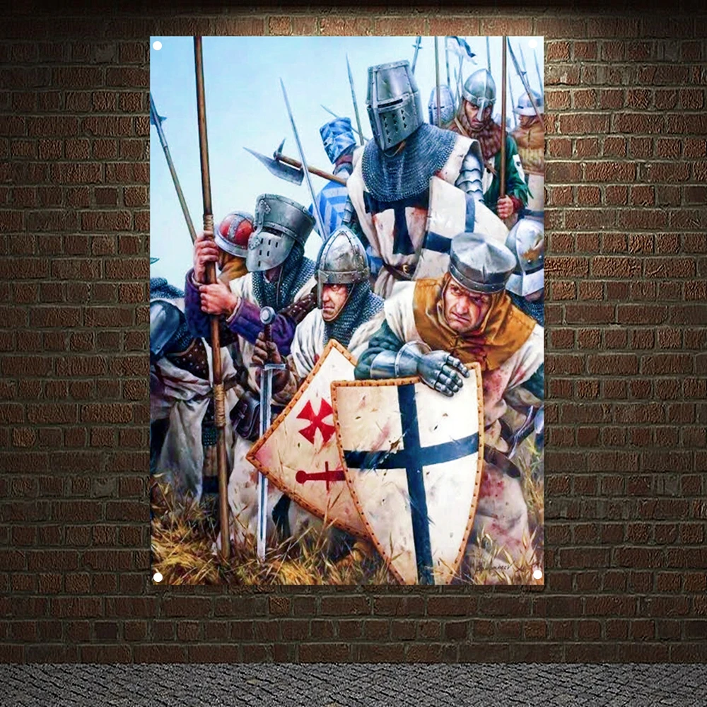 

Medieval Warrior Military Banners Flags Vintage Knights Templar Armor Posters Canvas Painting Wall Hanging Home Decoration J9