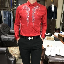 Новые брендовые модные повседневные мужские рубашки Бизнес Slim Fit Red diamond sequins Auger Social Shirt мужские для певицы для сцены мужские s рубашки