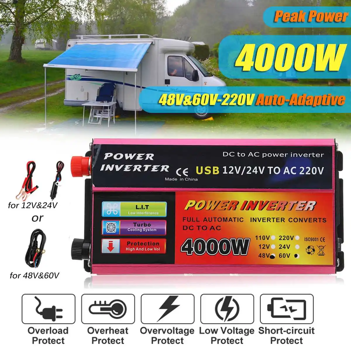 

Solar Inverter 4000W 12/24V TO 220V Converter For Portable Solar System Truck Rechargeable Vehicles Inverter Converter