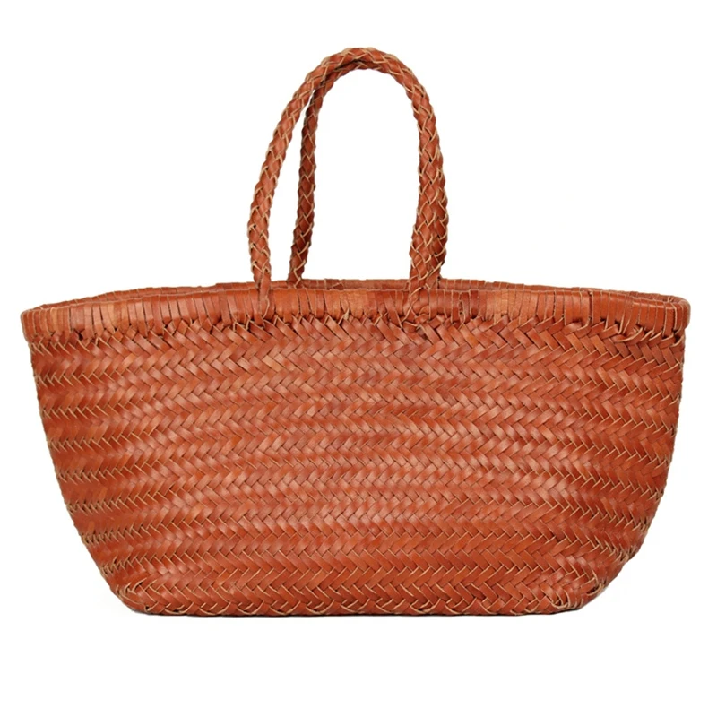 

Women'S Genuine Leather Woven Shoulder Bag Cool Weaving Bucket Handbags French Casual Tote Purse Cowhide Cross Handle Bags