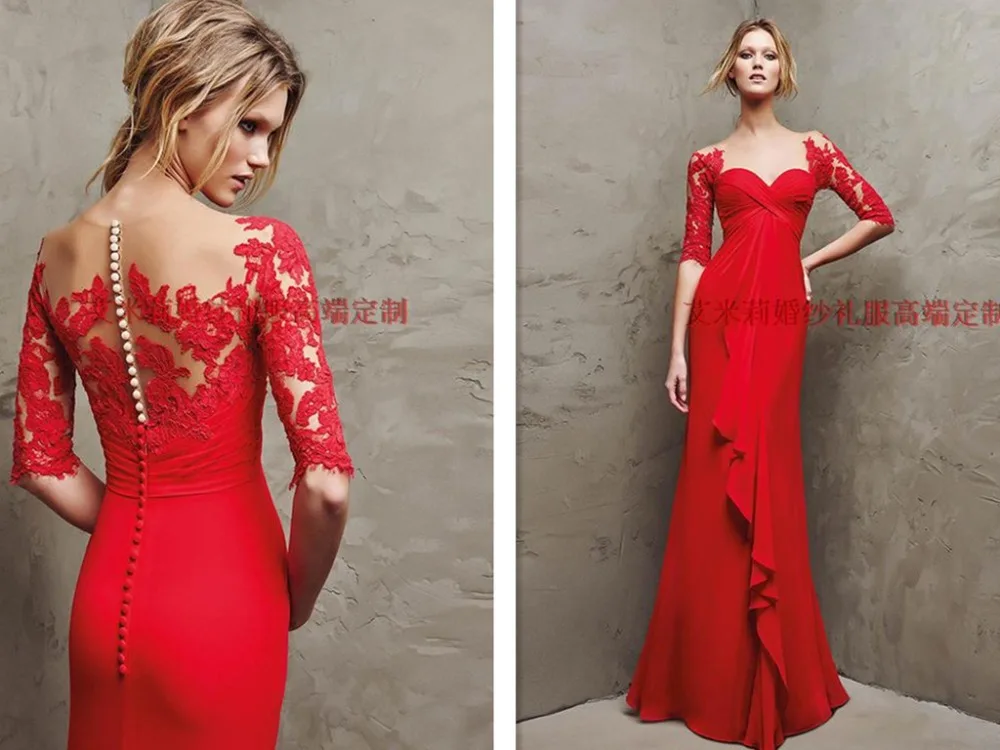 Платья для выпускного вечера vestido de festa; Новинка; Лидер продаж; пикантные красное шифоновое длинное вечернее платье с пуговицами, с кружевами, накладные аппликации на половину рукава