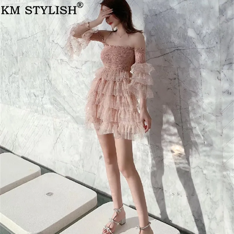 Женские тюбики топ кружева сетки платья Vestidos осень новая обтягивающая, с открытыми плечами деревянные ушки торт розовое платье Прямая поставка