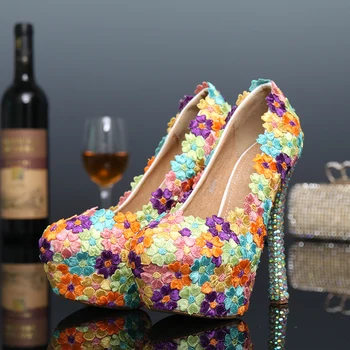 

Women Wedding Shoes Colorful Lace Flowers Crystal Bridal Evening Party High Heel Round Toe Shoes Sexy Woman Pumps Bridal Shoes