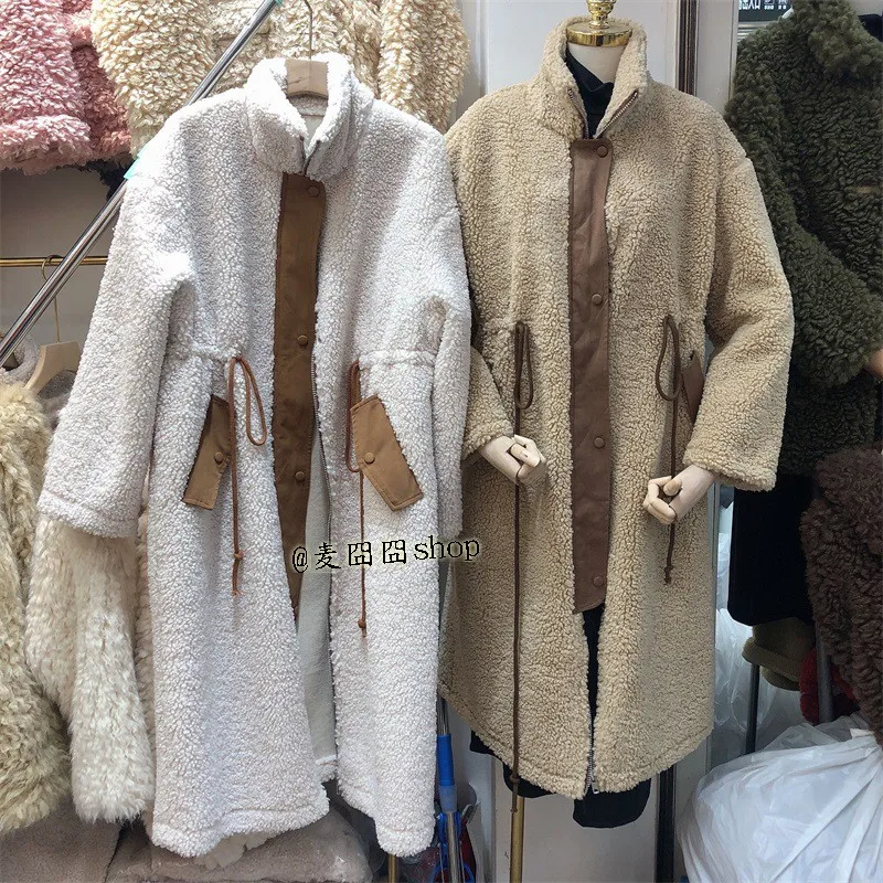 Осень-зима Высокий воротник свободные длинные Lambhair пальто со шнуровкой сапоги с мехом; большие размеры-вещи в комплекте для женщин размера плюс Для женщин зимнее пальто