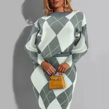 Костюм и комплекты со свитером, Повседневные свитера с круглым вырезом, топы+ длинные штаны с карманами, комплекты из двух предметов с геометрическим принтом,, Осень-зима,# g5