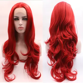 

BM Red Natural Wave Synthetic 13*4 Lace Front Wig Heat Resistant Fiber Hiar Natural Hairline Free Parting For White Women Wigs