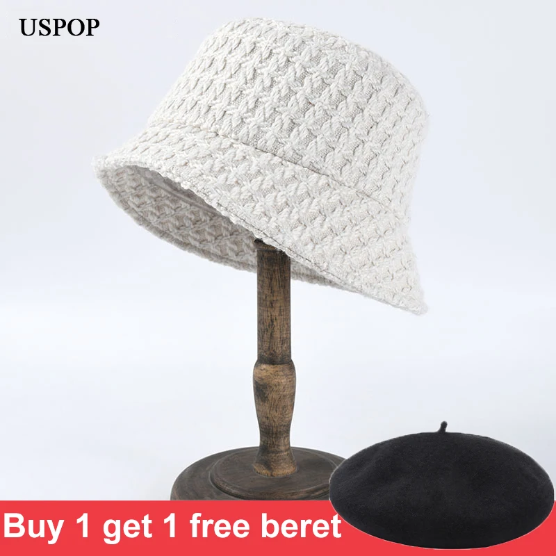 USPOP New Women bucket hats simple fashion white black hat female tweed bucket hat thick warm winter hats