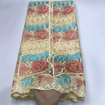 

(5yards / pc) High quality African French mesh lace fabric with delicate flower embroidery and stones embroidered on it, suitabl
