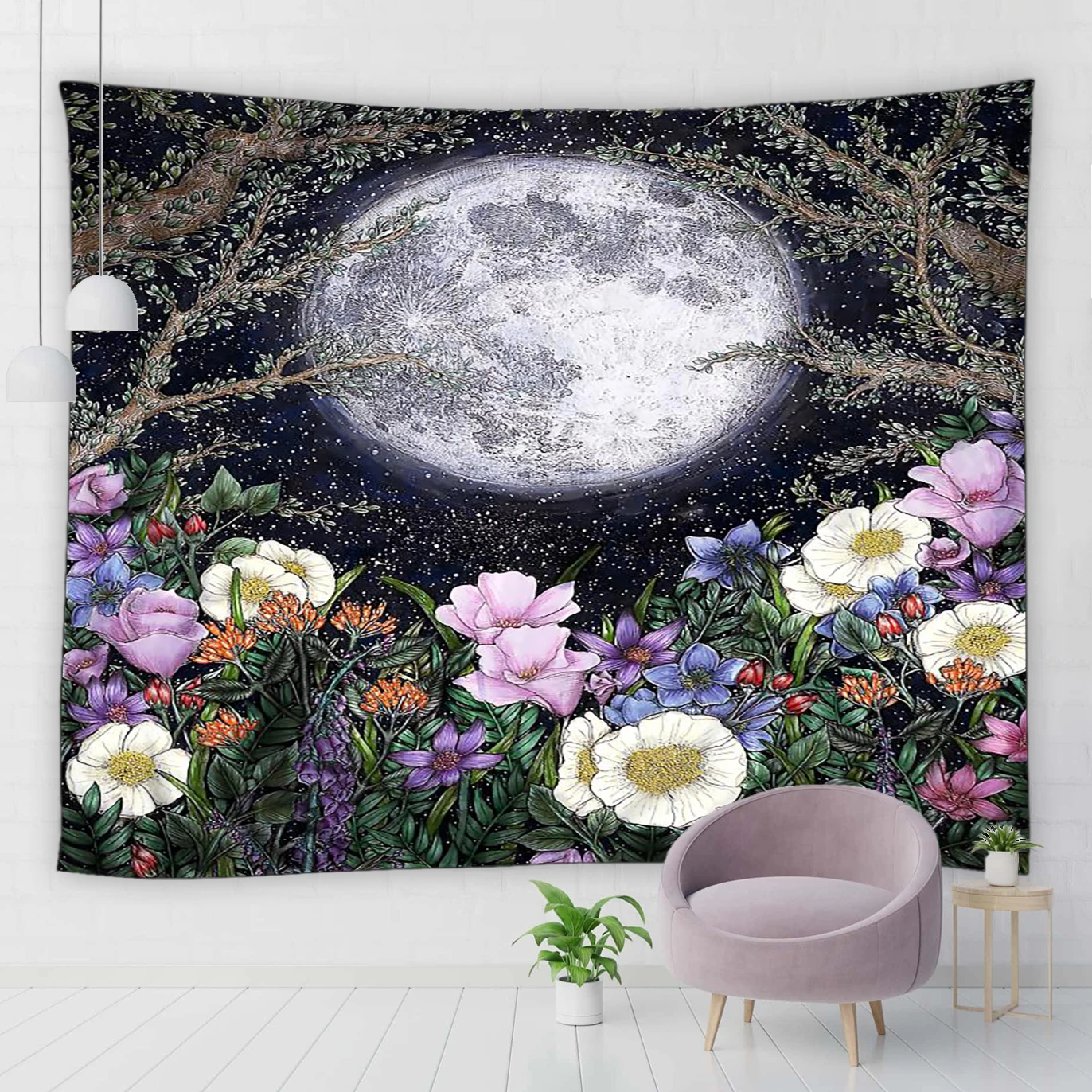 Garden Tapestry Bedroom Moon Full Surrounding Plant Flower Black Room Decor Floral Wall Hanging Dorm Art Hippie |