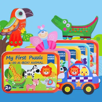 

6 in 1 Kids Puzzle Toys Cartoon Animals Learning Education Wooden Educational Toy with Iron Box For Children Birthday Gift