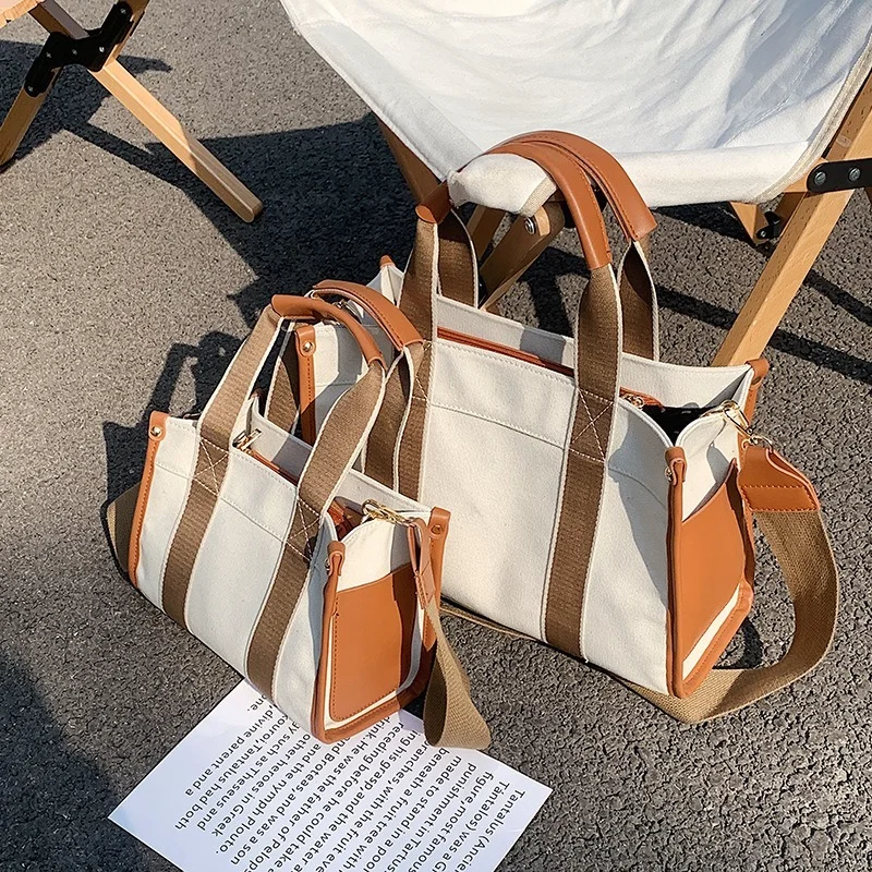 

Fashion Canvas Pu Leather Splice Totes Bags For Women High Capacity Shopper Shoulder Bag Big Canvas Crossbody Bags For Women New