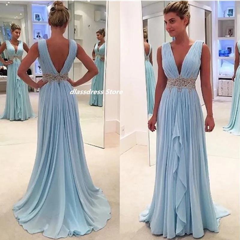 Light Sky Blue Chiffon Prom Dresses 