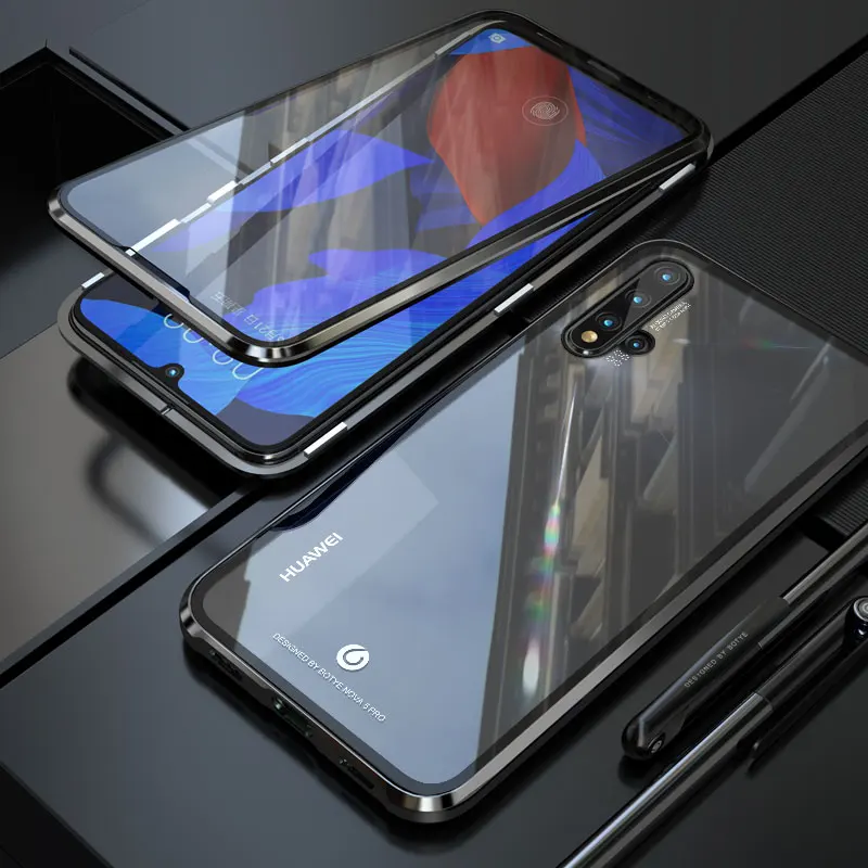 Металлический магнитный адсорбционный чехол для huawei nova 5 pro Чехол из закаленного стекла Передняя Задняя крышка для huawei nova 5i Чехлы бампер - Цвет: black