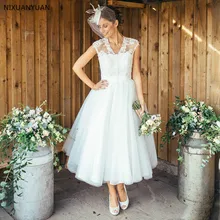 De encaje vestidos de boda vintage Vestido corto vestidos de boda 2020 V cuello manga larga Botón de pura espalda vestidos de novia