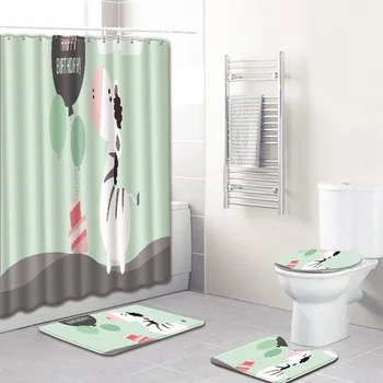 

Cartoon Floor Mat Shower Curtain Bathroom Non-Slip Mat 4 In 1 Waterproof Shower Curtain Set with Non Slip Toilet Cover Rugs Mat