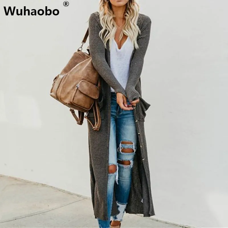 

Wuhaobo Fashion Knitwear Cardigans Womens 2019 Autumn Button Pockets Long Cardigan Coats Outerwear Knitted Sweater Jumper Tops