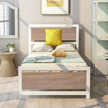 

US Warehouse Metal and Wood Bed Frame with Headboard and Footboard Twin Size Platform Bed Easy to Assemble