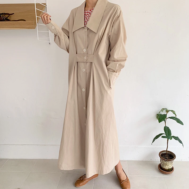 

[EWQ]Turn-down Collar Full Sleeve Thin Long Trench Coat Slim Outwear Loose Ladies Khaki Shirt Windbreaker 2019 Autumn New QK564