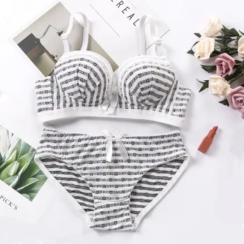 

Women Girls Lace Stitching Bow Printed Cotton 3/4 Cup Without Steel Ring Gathered Bra + Briefs Set HOT