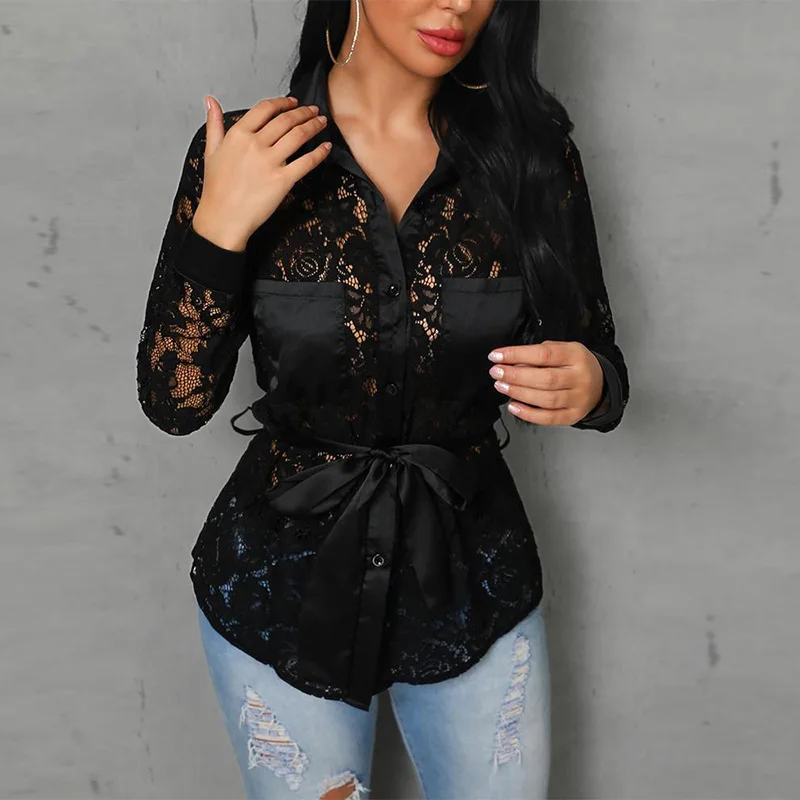 

Pocket Detail Tie Waist Lace Shirts for Women