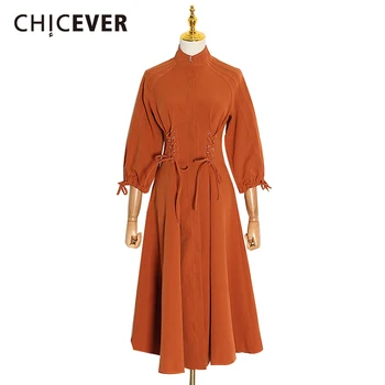 

CHICEVER Vintage Women's Dresses Stand Collar Three Quarter Sleeve Tunic Bandage High Waist Dress Female 2020 Spring Fashion