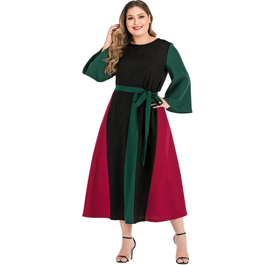 Винтажное платье Vestido модное женское Повседневное платье размера плюс с длинным рукавом однотонное Бандажное платье с О-образным вырезом длинное платье макси robe noel femme#301102