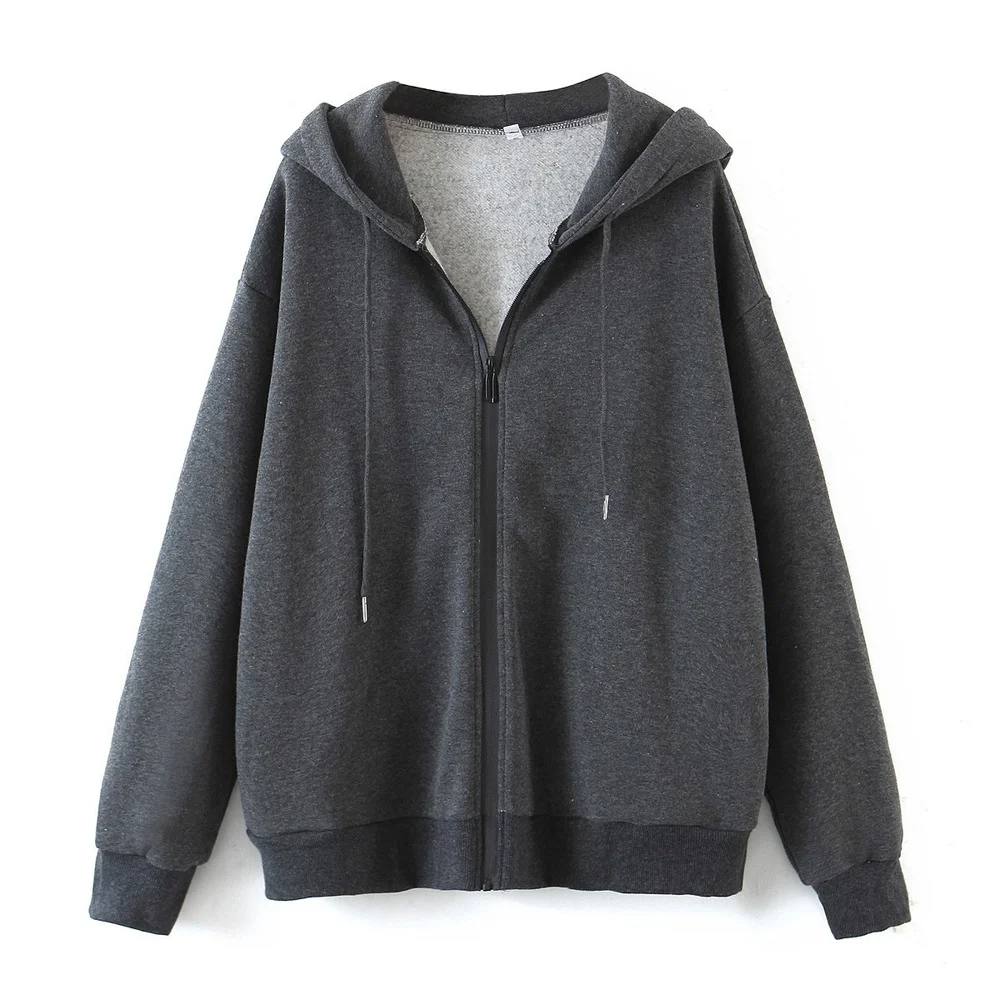 

Woman Daily Solid Color Loose Hooded Jacket Casual Zipper Hooded Cardigan Sportwear All Match Hoodies Spring Autumn New