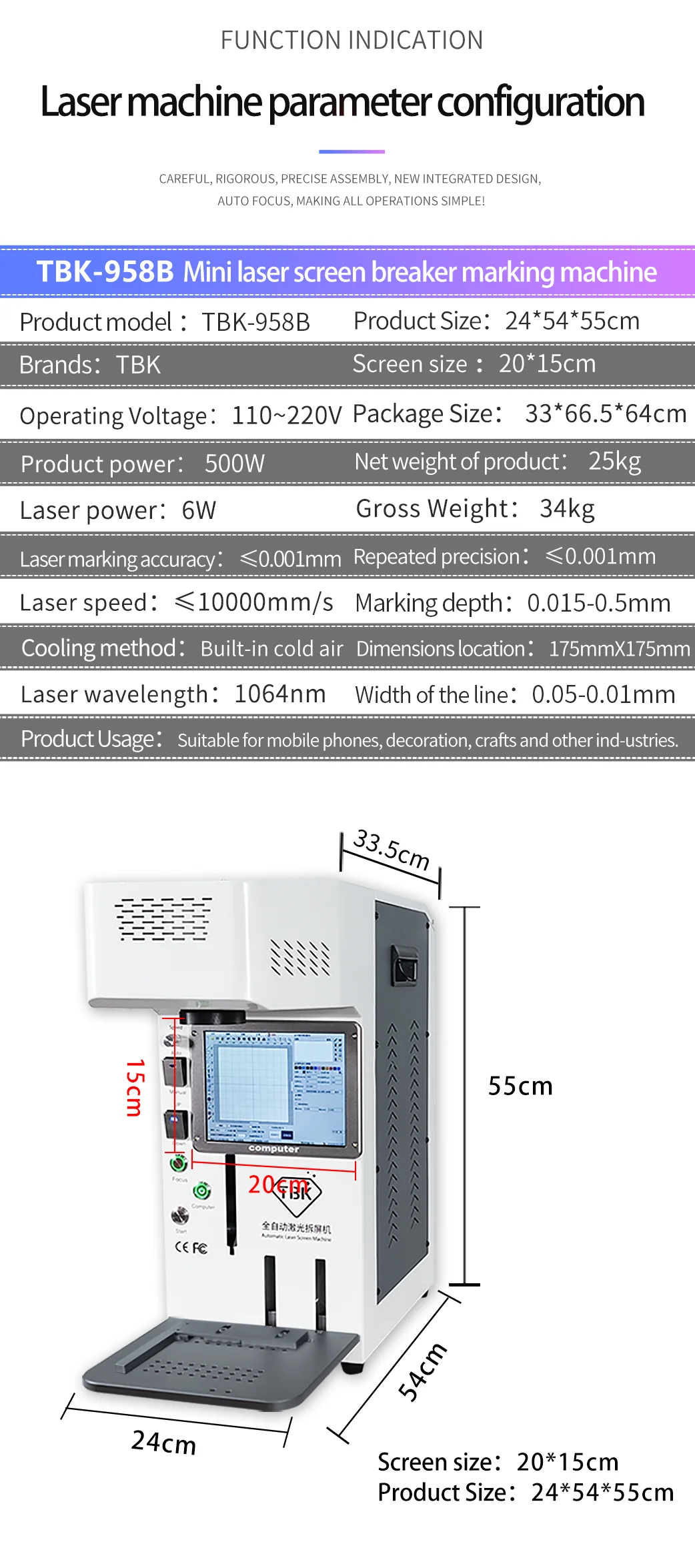 TBK-958A 958B Automatic LCD back glass Laser separate Machine for iphone 8- 11pro max for DIY Engraving and LOGO marking Machine