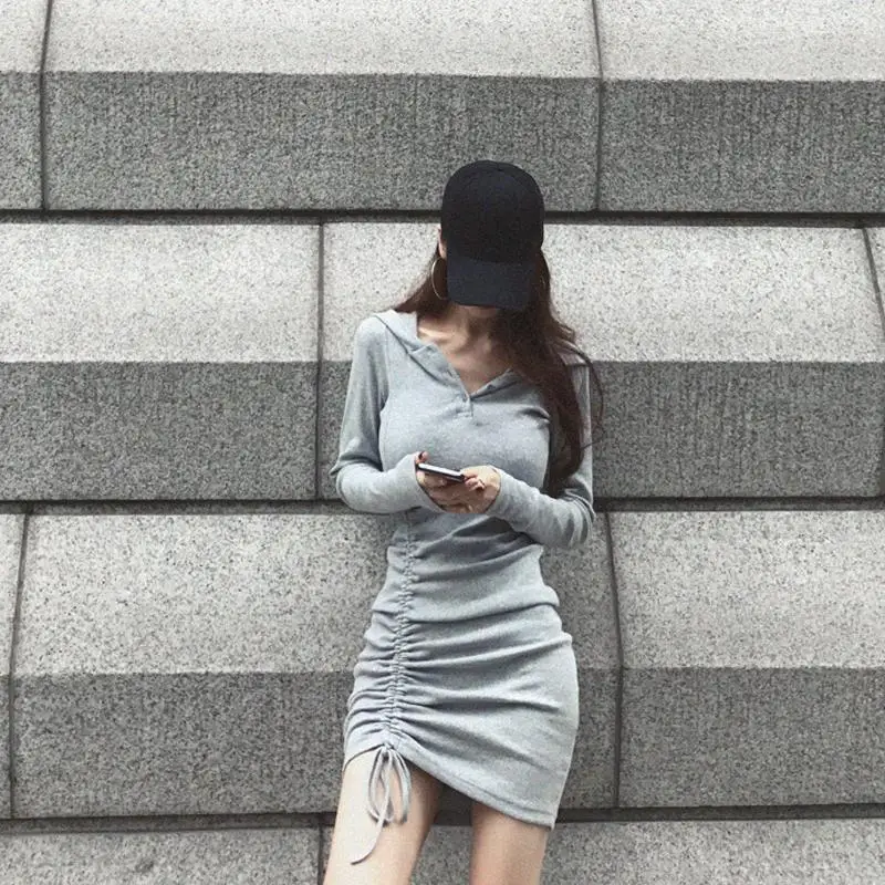 

Spring And Summer New Style Elegant Hooded Drawstring Irregular Cool Skirt Slim Fit Long-sleeved Dress WOMEN'S Dress 1777