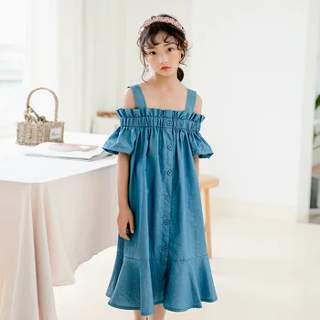 

New 2020 Summer Cute Girls Dresses Elegant Kids Cowboy Dresses for Teen Girls Fashion Baby Girls Off-shoulder Dresses, #9048