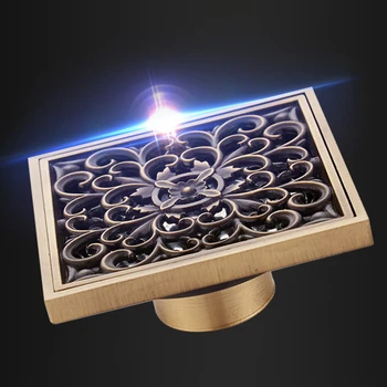 

10cm Euro Style Antique Brass Flower Art Carved Euro Floor Drains Square Floor Drain Strainer 10*10cm Euro Floor Drains
