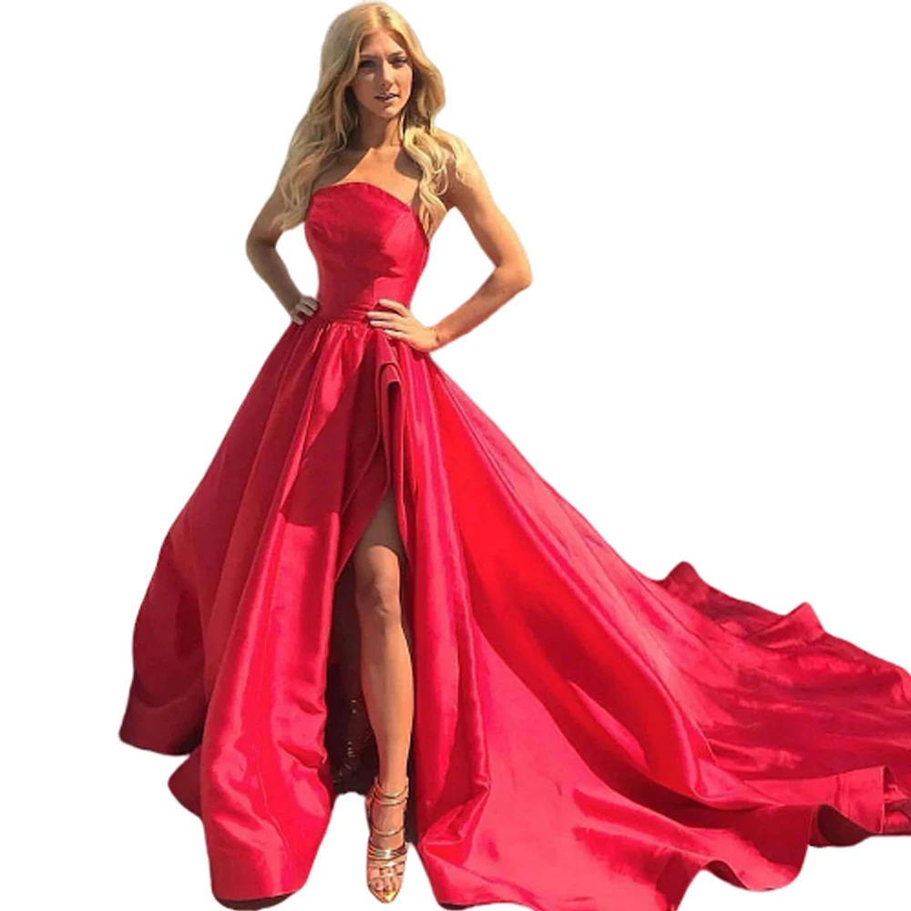High Slit Red Prom Dress | Strapless Split Open Back | Puffy A-Line | Chapel Train Party Gown image 5