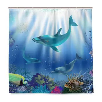 

Dolphins Fish Shower Curtain for Bathroom Water Plants Ocean Polyester Waterproof Custom Bath Shower Curtain with 12 Hooks Set
