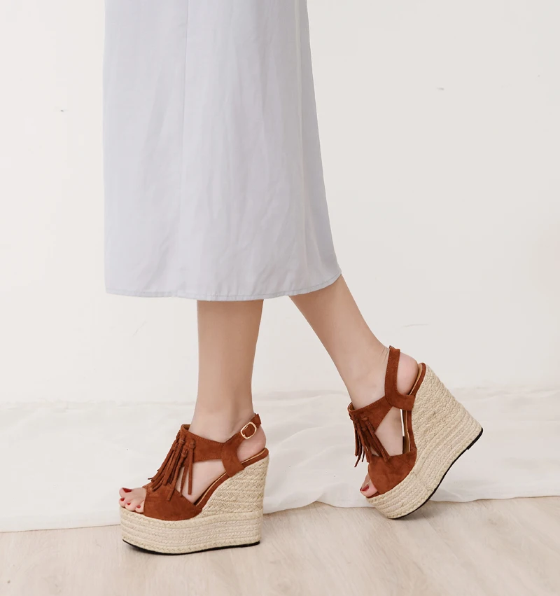 new ultra high heel wedge sandals waterproof platform muffin thick bottom Roman tassel women's sandals small size shoes 32