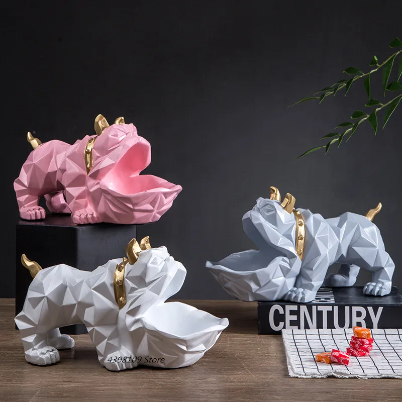 

Nordic Resin Lucky Dog Sculpture Storage Basket Ornaments Handcrafted Animals Coffee Table Candy Box Living Room Balcony Key