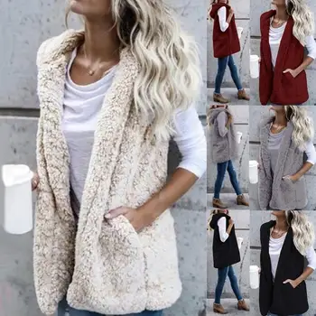 

Casual Women Waistcoat Vests Autumn Winter Sleeveless Jackets Coat Women Vests Solid Color Fleece Pockets Hooded Jacket Vest