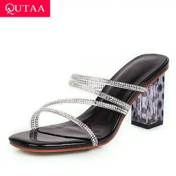 

QUTAA 2020 Square Open-toed Women Shoes PU Leather Slingback Sexy Women Pumps Square High Heel Fashion Sandals Big Size 34-43
