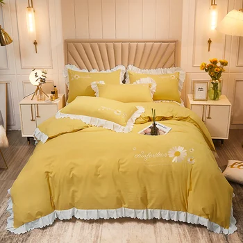 

Pure Color Bedding Set Simple bed linens Duvet Cover Set nordic bed twin full queen king size embroidered Chrysanthemum pattern