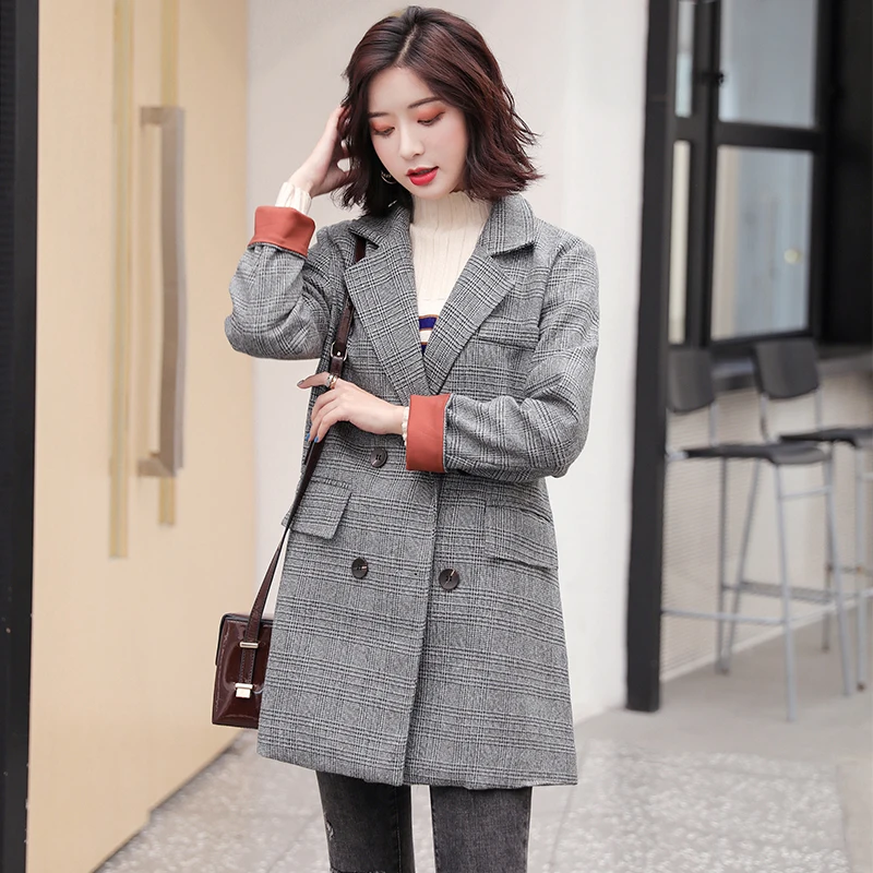 Ly Varey Lin винтажные двубортные клетчатые костюмы, пальто женские осенние зимние куртки средней длины ретро костюм верхняя одежда